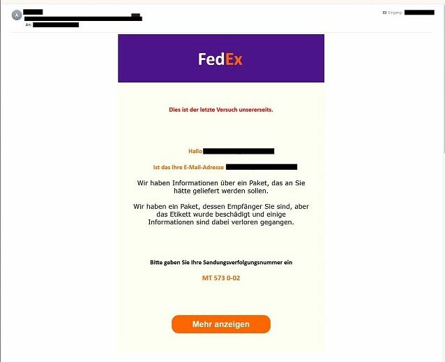 FedEx Phishing als E-Mail oder SMS mit einer deutlichen Warnung